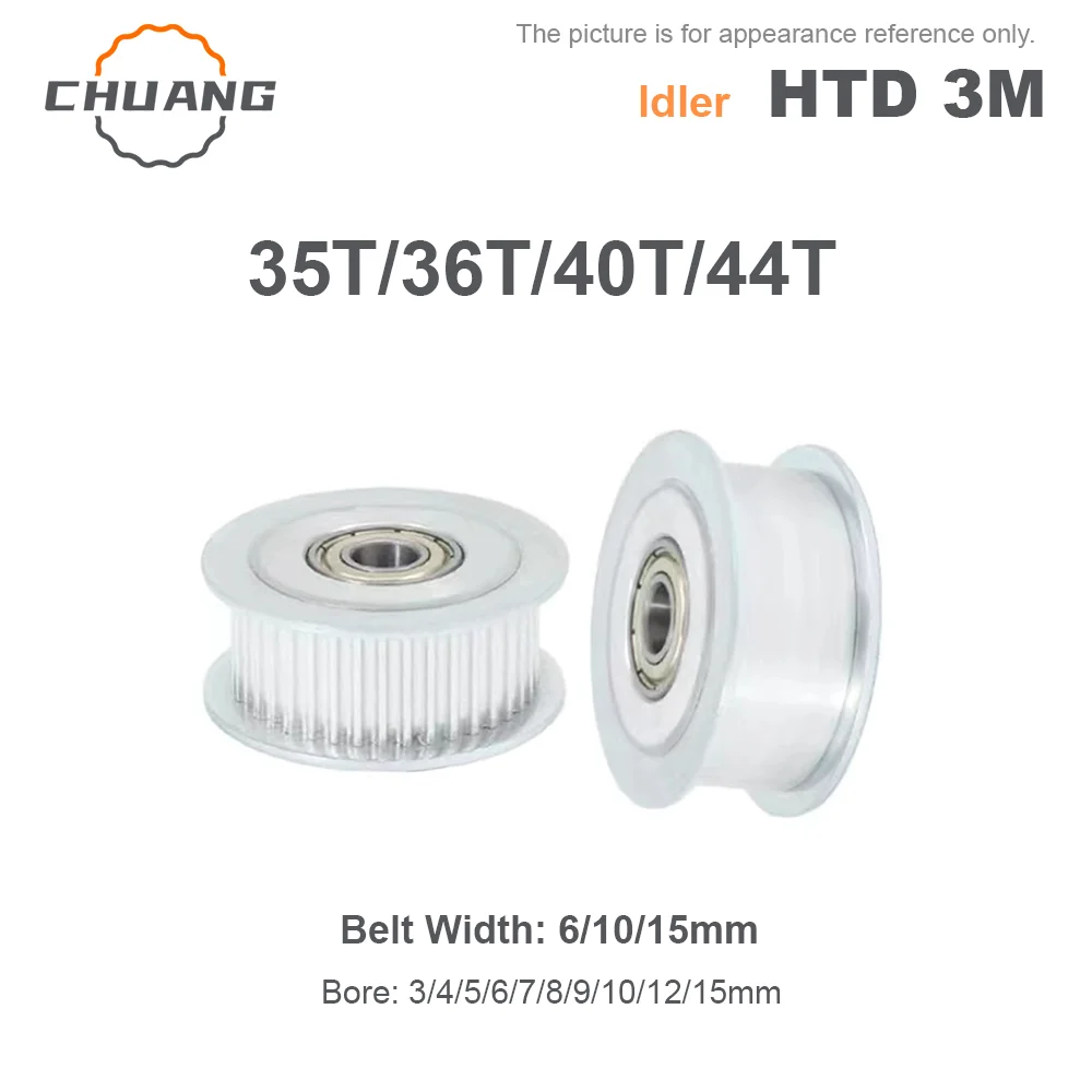 

HTD 3M Idler 35T/36T/40T/44Teeth Pulley Tensioner Bore 3-15mm Fit Belt Width 6/10/15mm 3M Bearing Guide Synchronous Wheel