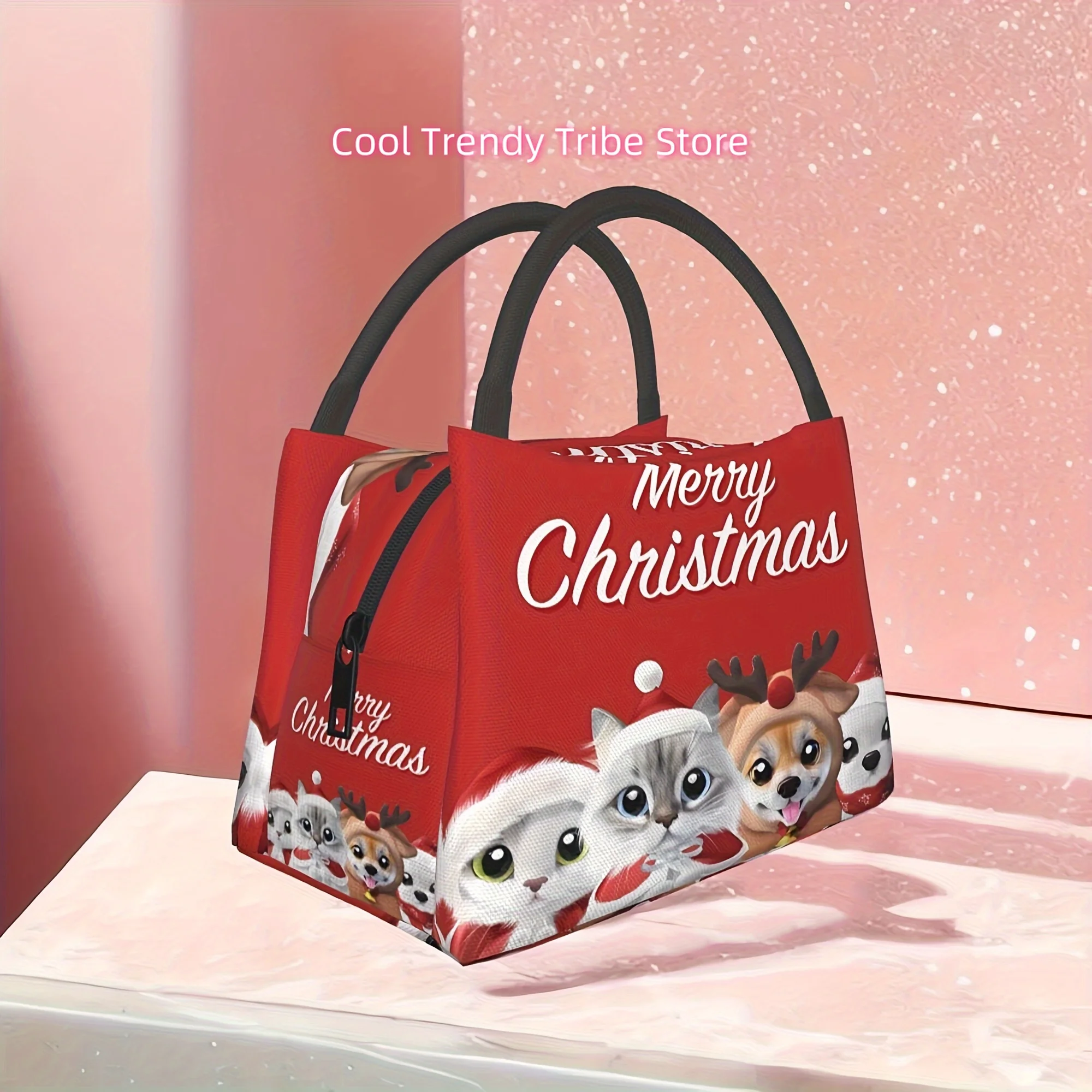 Merry Christmas Cooler Bag: Festive Design for Camping, Picnics, and Beaches - 11x6.3x6.7 in - Reusable Insulated Lunch Bag - Pe