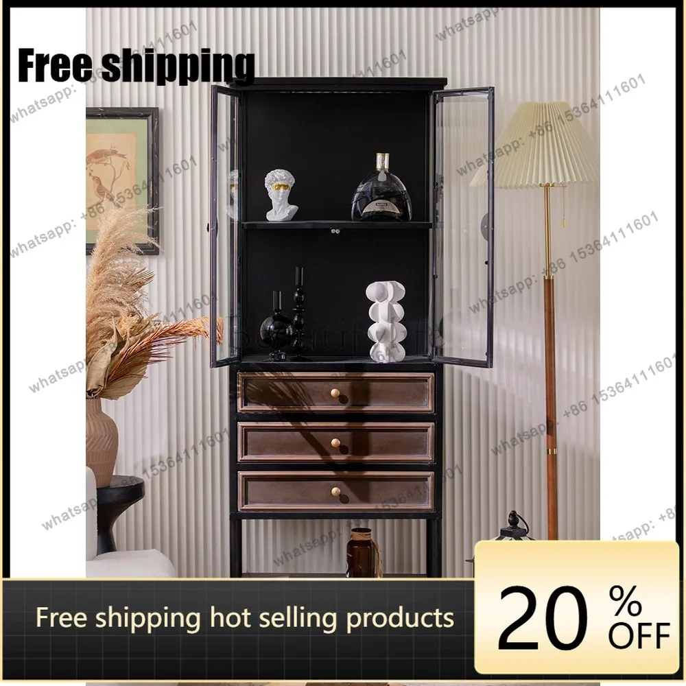 LD American retro wine cabinet glass door industrial style living room wrought iron dining side cabinet