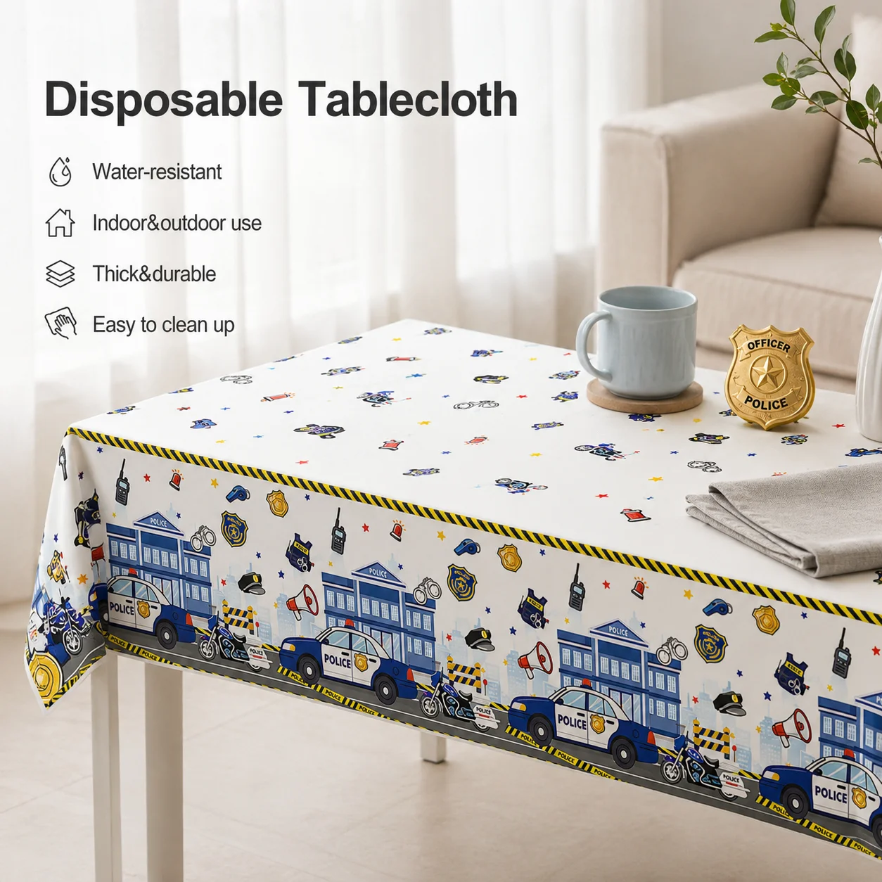 Police Car Tablecloth, Disposable Tablecloth, Rectangular Police Emblem Theme Tablecloth, Plastic Tablecloth for Boys and Teena