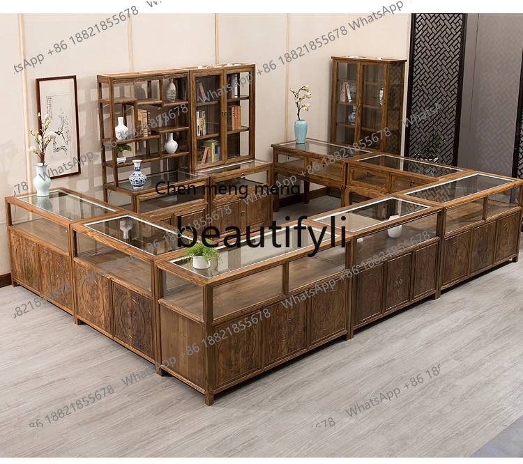 

X Jewelry Display Cabinet Solid Wood Antique Elm Jewelry Jade Display Glass Counter