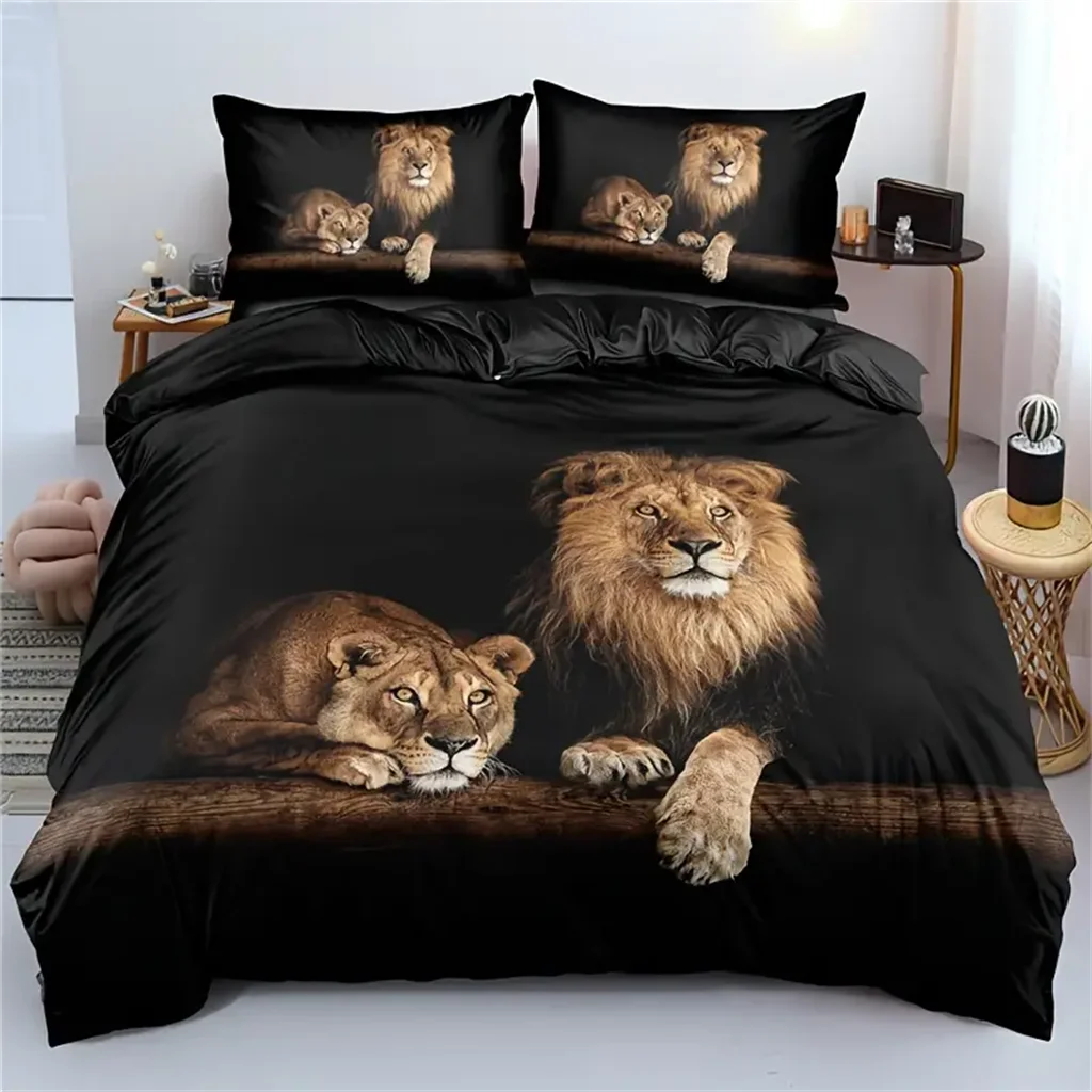 Gold Cool Luxury Lion Wild Animal Tiger Full King Size 3Pcs Quilt Duvet Cover Bedding Linen Set Bedspread Bed 200x200 240x220