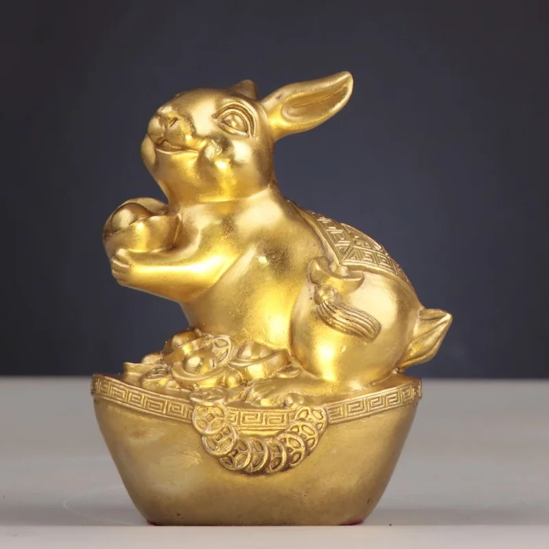Copper , Zodiac , Sitting Rabbit With Gold Ingot, Metal Craft Manufacturer Wholesale