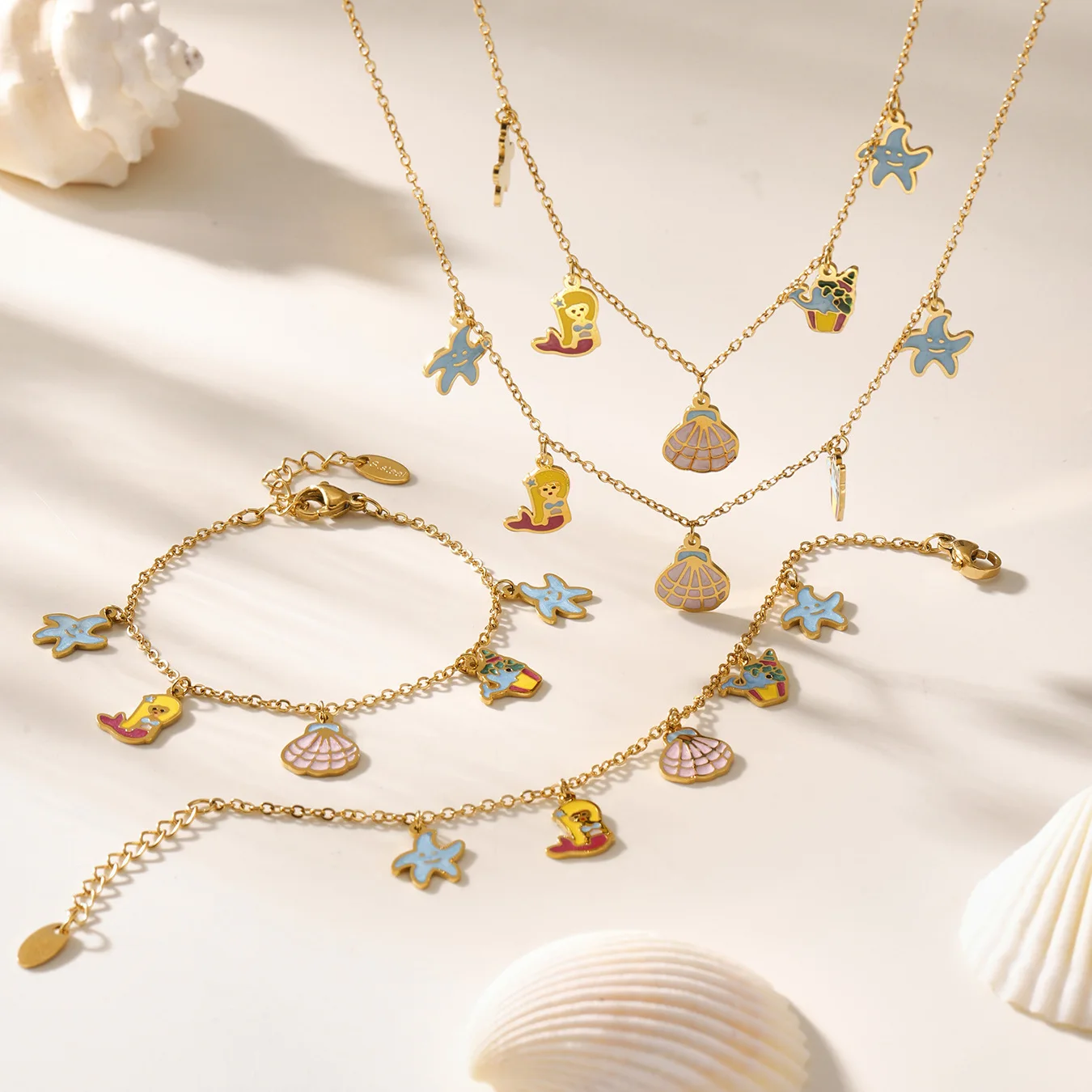 

Mermaid Shell Starfish Necklace Bracelet Set for Girls Gold Titanium Steel Colorful Enamel Ocean Jewelry Cute Beach Summer Gift
