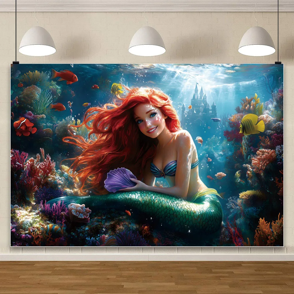 การ์ตูน Mermaid พื้นหลังการถ่ายภาพ Baby Shower Girl ภาพฉากหลังวันเกิดตกแต่ง Props อุปกรณ์สตูดิโอฉลอง