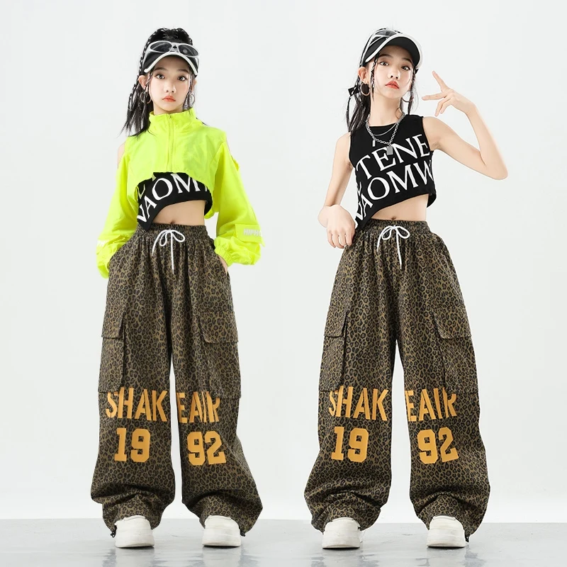 

2025 Children Hip Hop Dance Costumes For Girls Fluorescent Green Top Loose Pants Street Dance Wear Kids Jazz Stage Sets DQS19565