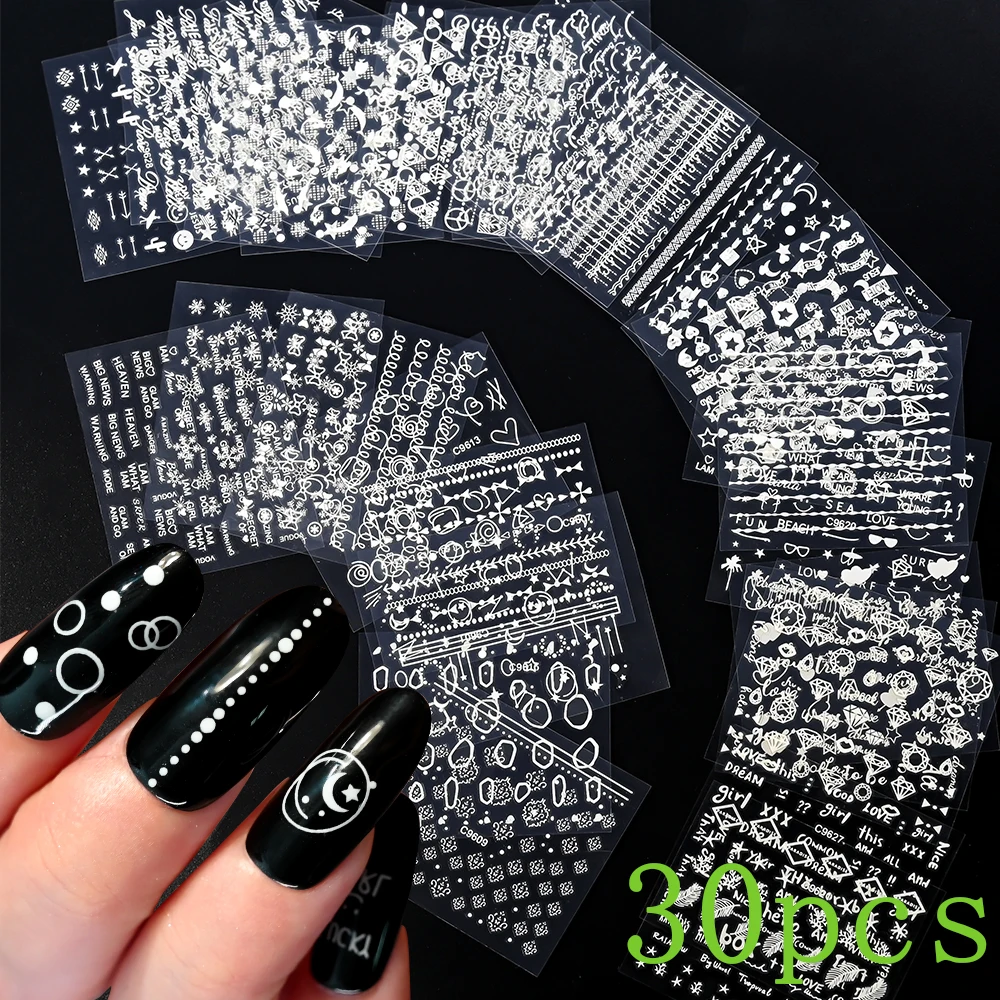 30pcs 3D White Irregular Pattern Nail Stickers Mixed Flowers Line Dolphin Geometric Nail Sticker Holographic DIY Nails Stickers