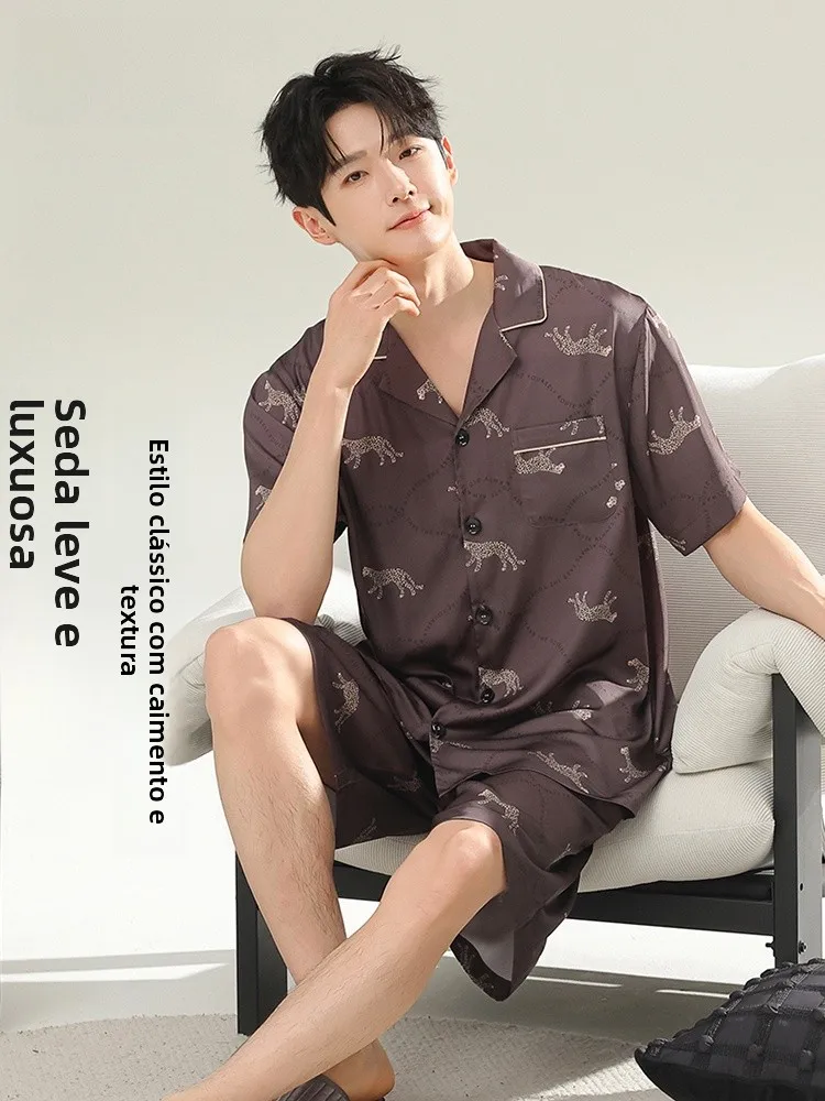 fenteng-men's-summer-ice-silk-sleepwear-thin-home-clothes-set-luxury-large-size-outdoor-wearable-breathable-short-sleeve