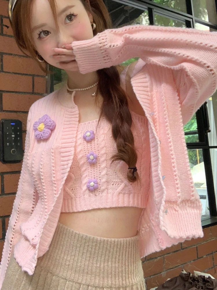 KIMOKOKM Elegant Sweet Girl Lazy Single-breasted Knitting Cardigan Sweetheart Three-dimensional Flower Sweater Two-piece Set