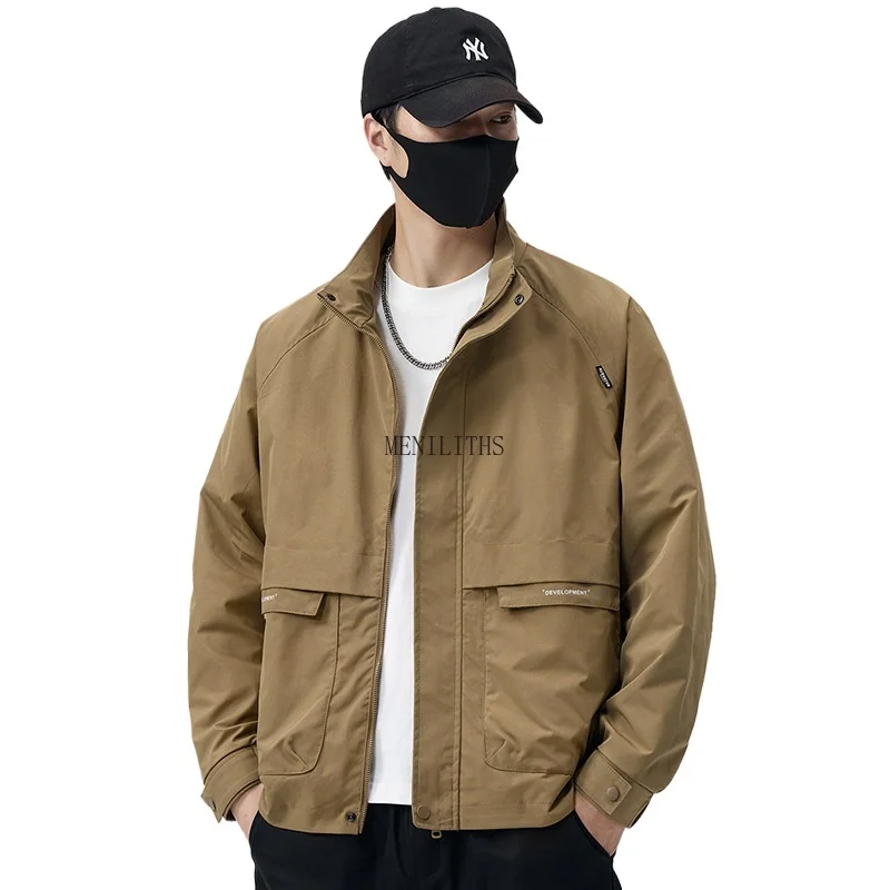 Spring Autumn Men's Standing Collar Jacket Solid Color Korean Version Casual Coat Multi-pocket Jacket Men's Fashion Coat Jackets