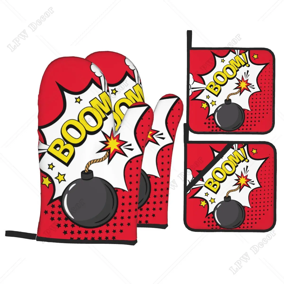 

Cartoon Bomb Icon Oven Mitts and Pot Holders 4pcs Set for Baking Cooking Non-Slip Heat Resistant BBQ Kitchen Gloves Potholders