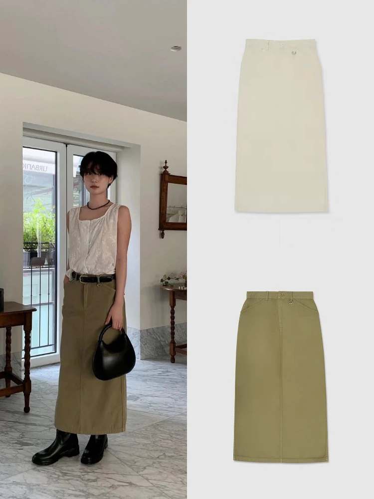 

Simple Versatile High Waist Straight Leg Midi Workwear Skirt for Women Casual Cotton A-Line Skirt with Slit Summer Faion