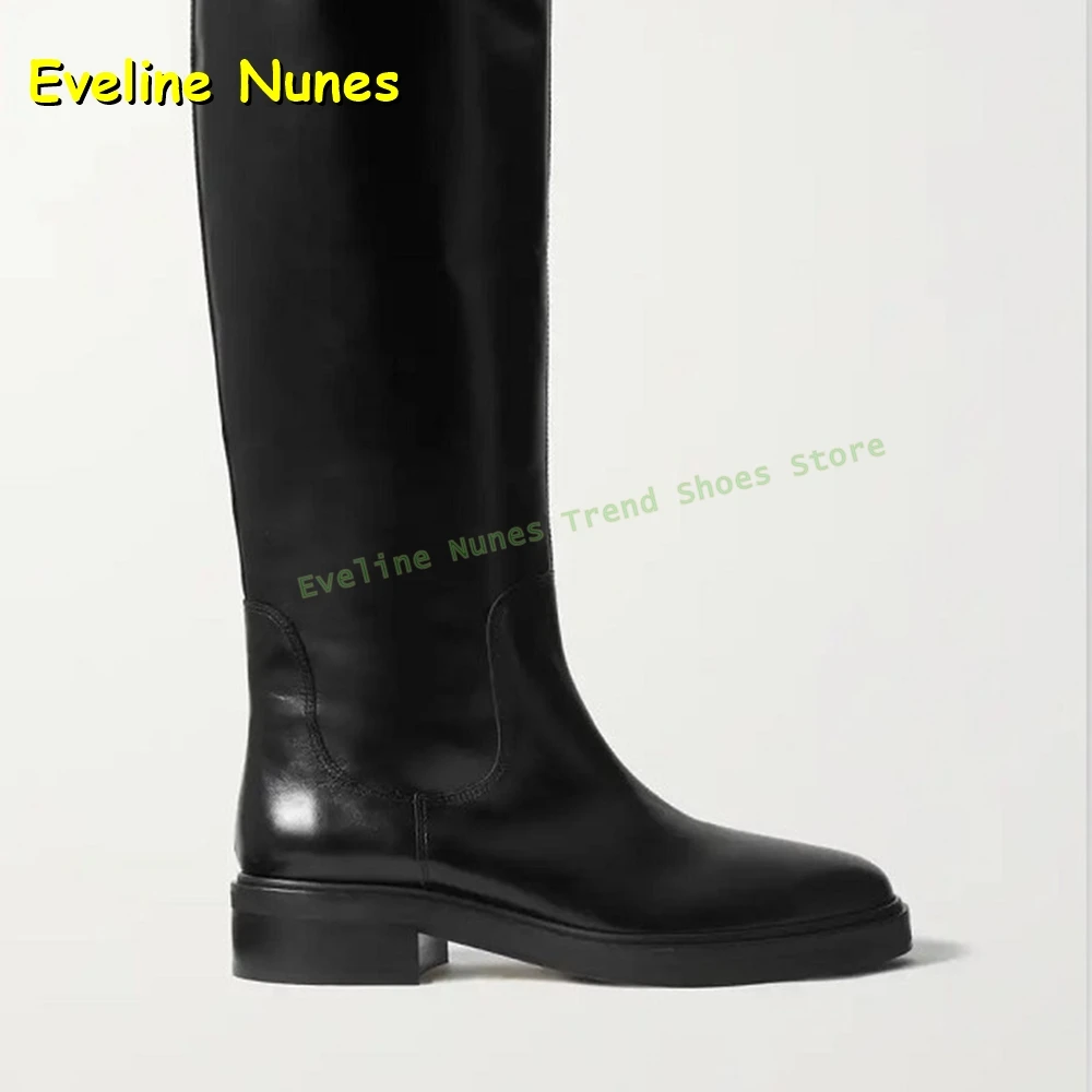 Black Leather Knee High Riding Boots Women's Round Toe Chunky Heels Tall Boots for Office Work and Everyday Casual Wear Summer view 2
