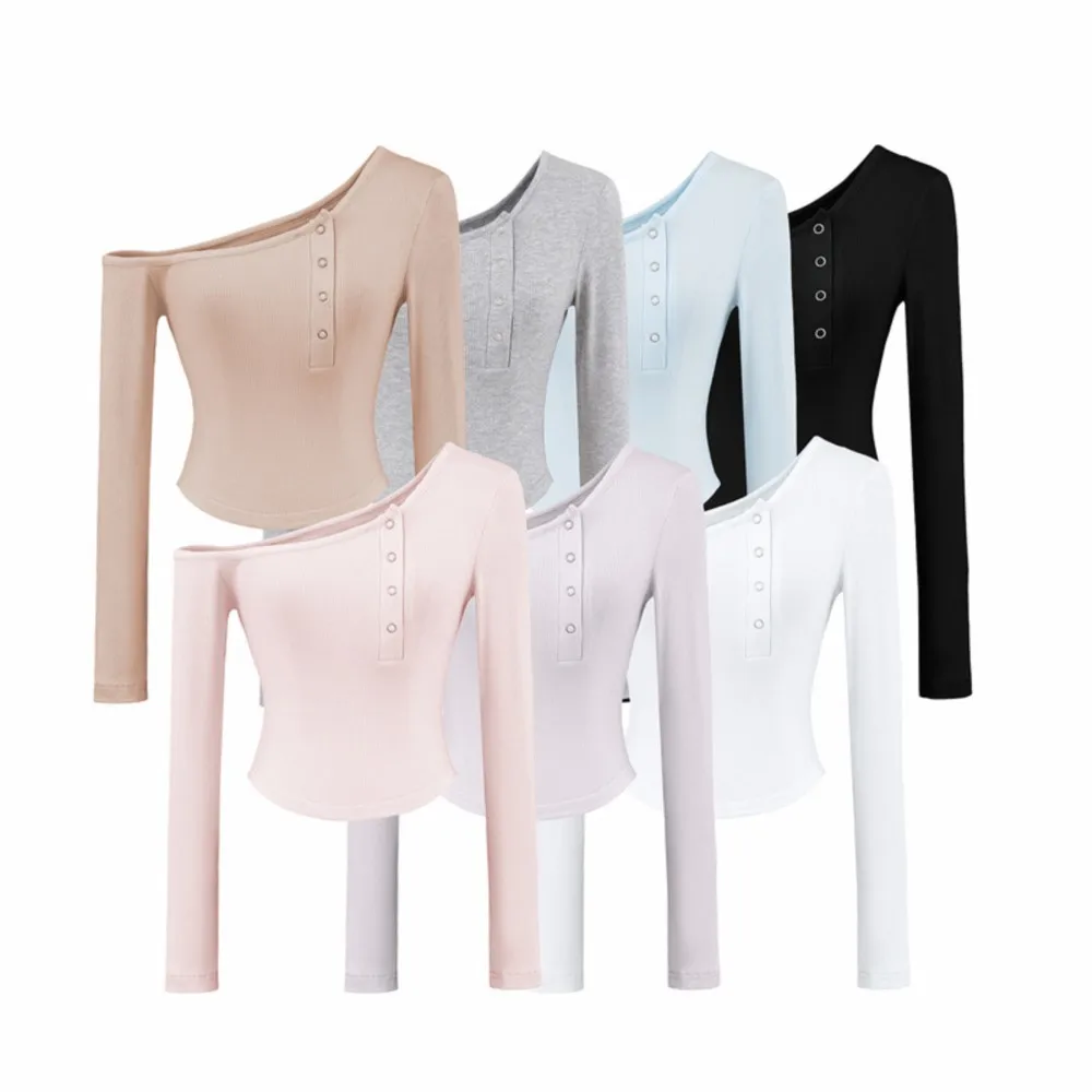 Sexy Women's Clothing Off-shoulder Long-sleeved T-shirt All-match Slim Top Solid Color Simple Style Temperament Trendy Fashion