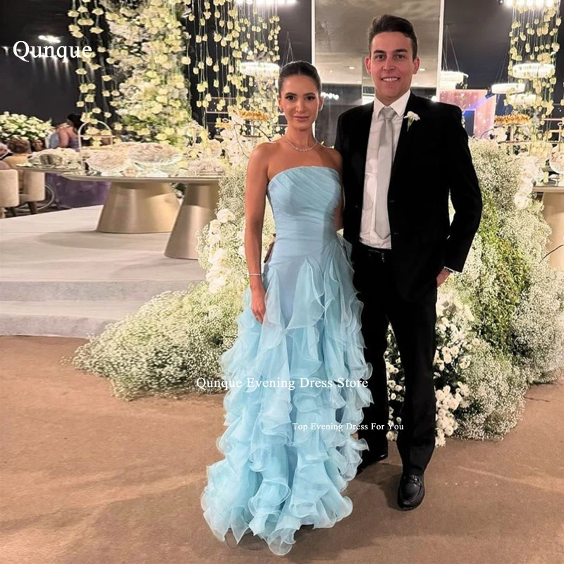 Qunque Elegant Sky Blue Organza Evening Dress Floor Length Sleeveless Ruffles Prom Gown Pleat Back Zipper Dubai Robes Habillées