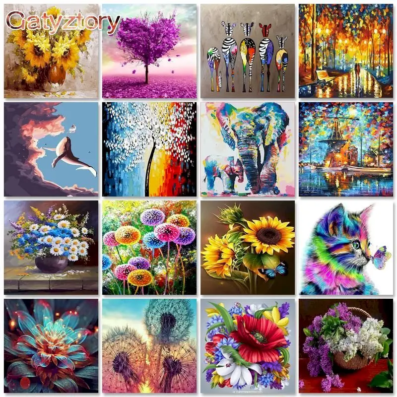 GATYZTORY Frame Painting By Numbers Flower Scenery Handpainted Kits Canvas Drawing Acrylic Paints Wall Artwork Home Decor