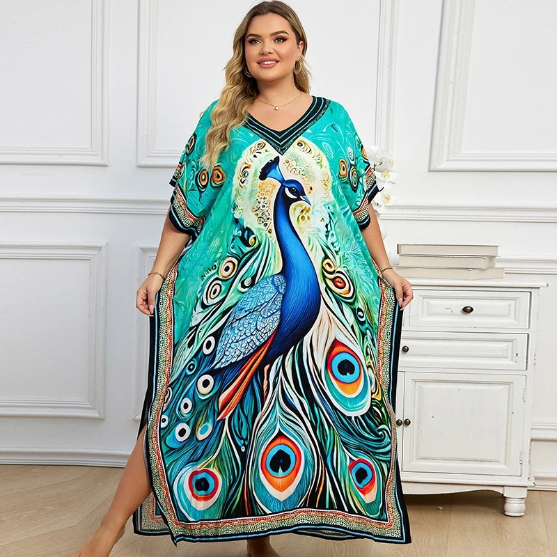 Phoneix Print Kaftan Plus Size Maxi Dress Lounge Wear Boho Chic Vibrant Tribal Vibe Women Caftan Ethnic Island Beach Cover Ups