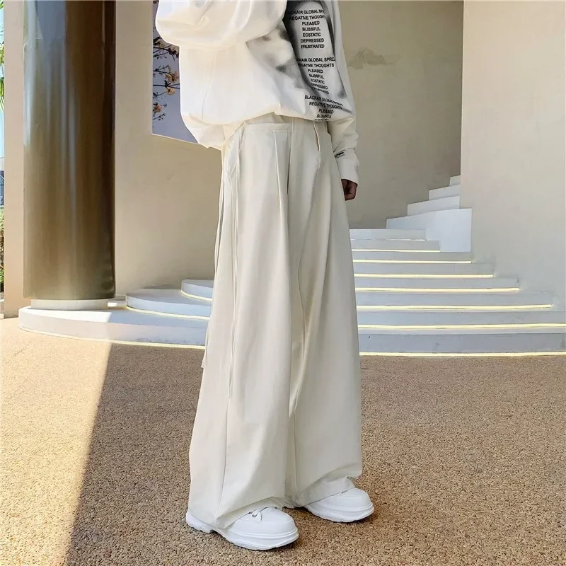 

Корейский винтажный дизайн, костюмные брюки на шнуровке для мужчин, весна-лето, прямые брюки с широкими штанинами, повседневные мешковатые брюки, уличная мужская одежда