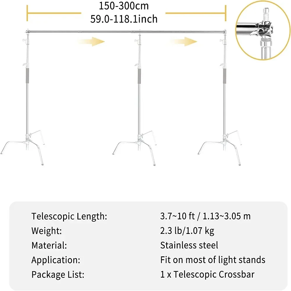 Selens Adjustable Backdrop Stand Horizontal Bar Stainless Steel Telescopic Crossbar Max Length 3M For Photography C Stand Tripod