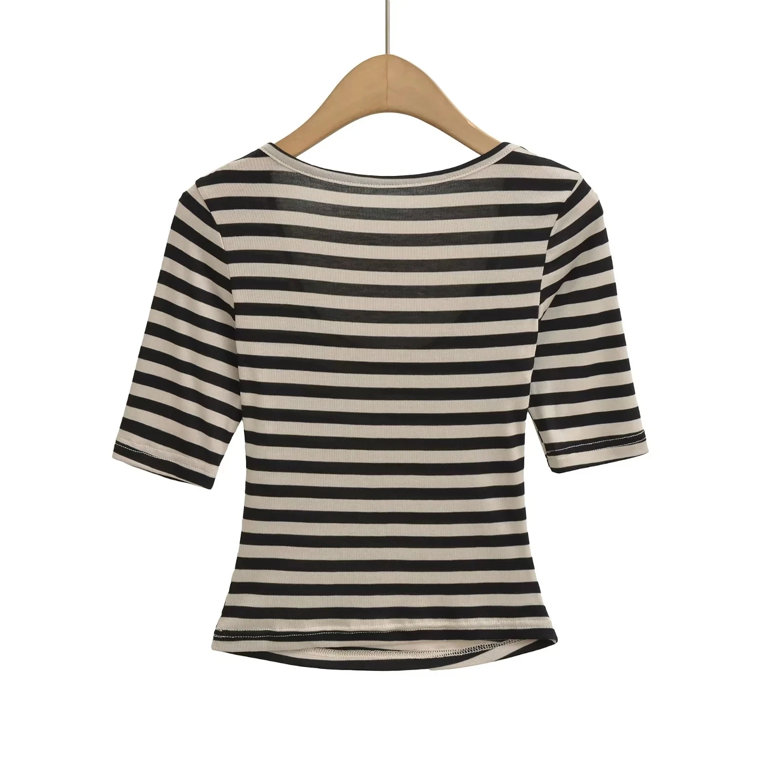 تي شيرت نسائي Pure Desire Sle بقصة ضيقة مخطط U-Ne تي شيرت ort Sve صيفي قاعدة عصرية irt عالي الخصر ريترو Sle