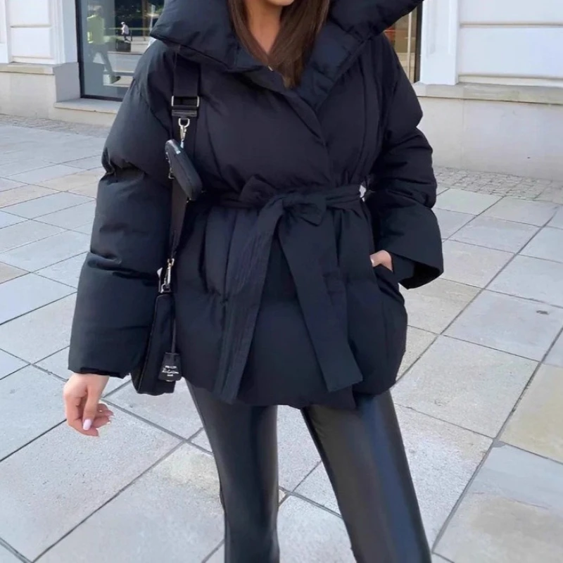 Women Solid Lace Up Cotton Coat Fashion Lapel Long Sleeve Warm Pocket Loose Short Coats New Lady Winter Commute Street Outwears