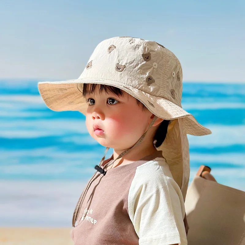 Quick-dry Baby Summer Hat Beach Kids Fisherman Hats for Girls Boys Embroidery Cartoon Children Panama Cap Neck Protection 1-4Y