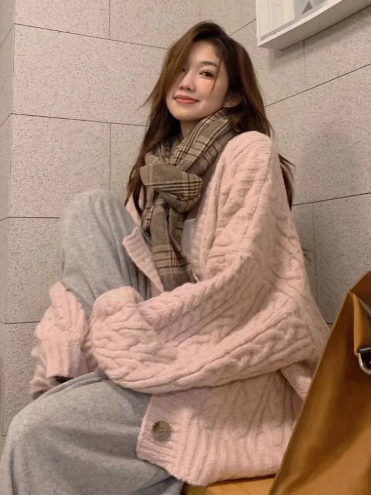 

Autumn Winter Women Fashion Pink V Neck Single Breasted Twists Sweater Korean Long Sleeve Loose Cardigan Knit Tops Streetwear