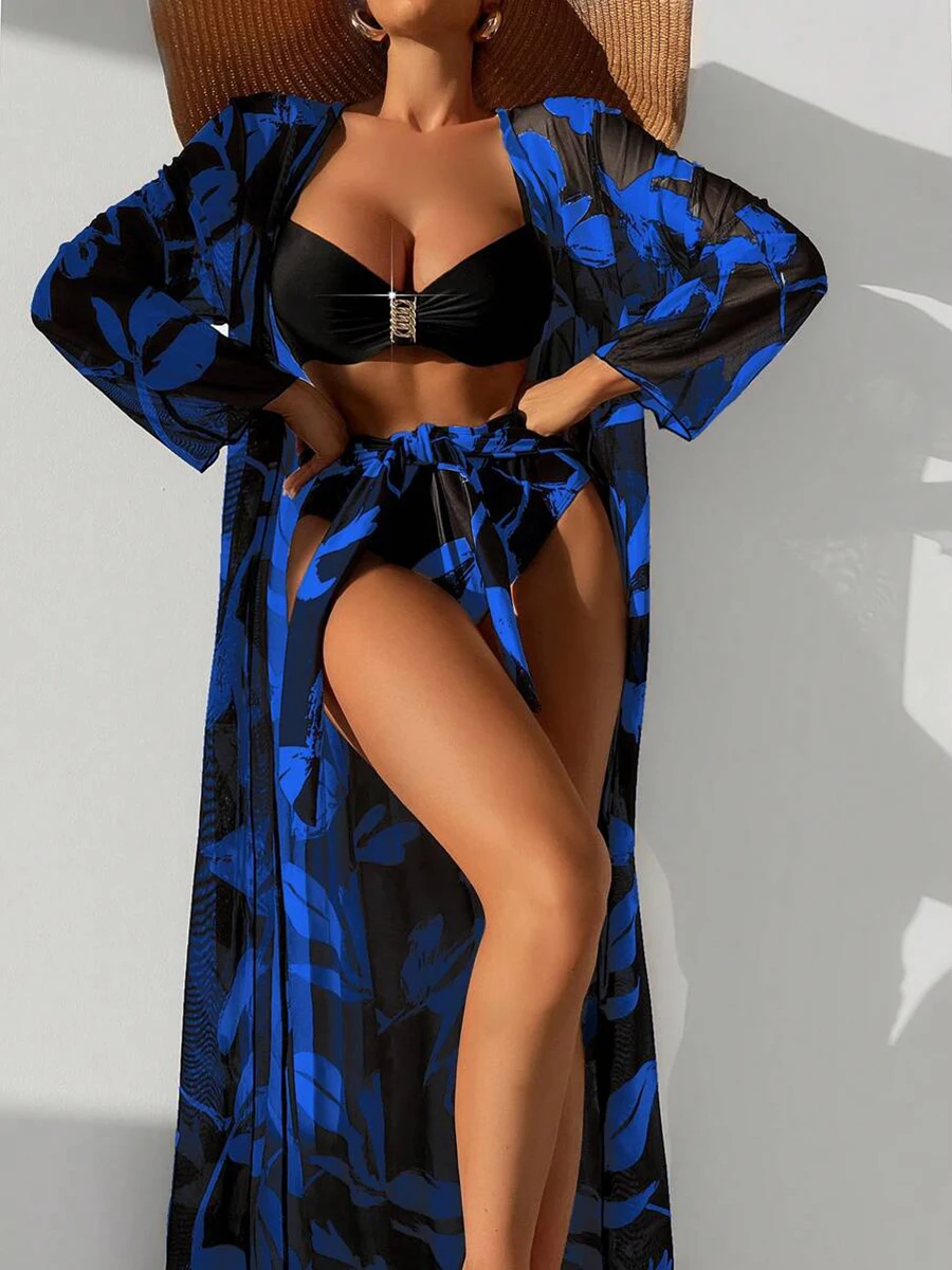 Bikini de cintura alta para mujer, traje de baño de 3 piezas con estampado, Kimono de manga larga, 2024