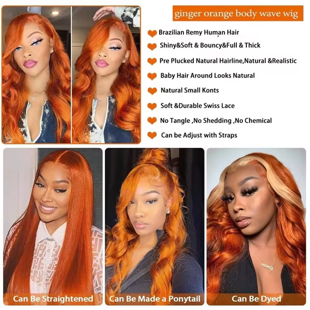 Ginger Orange 32Inch Body Wave 13x4 Lace Frontal Wig 210 Density 13x5 #350 Colored Wavy 30Inch Lace Front Human Hair Wig for Women