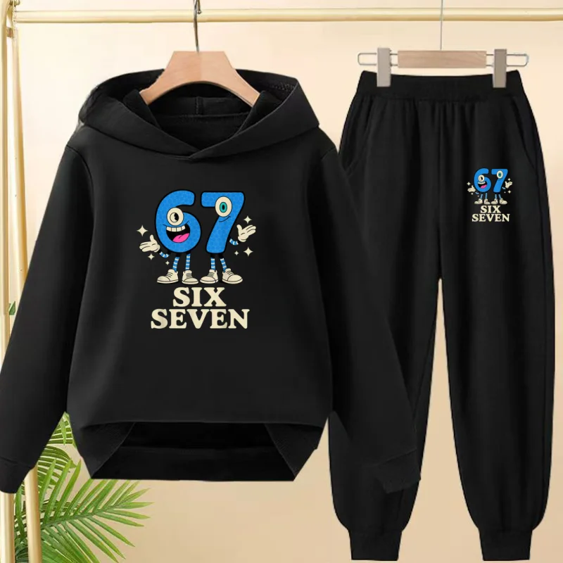 

Children 3-12Age 2 Piece Boy Girl Digit 67 Print Hoodie+Trousers Pullover Hooded Autumn Winter Outdoor Leisure Coat Sportswear