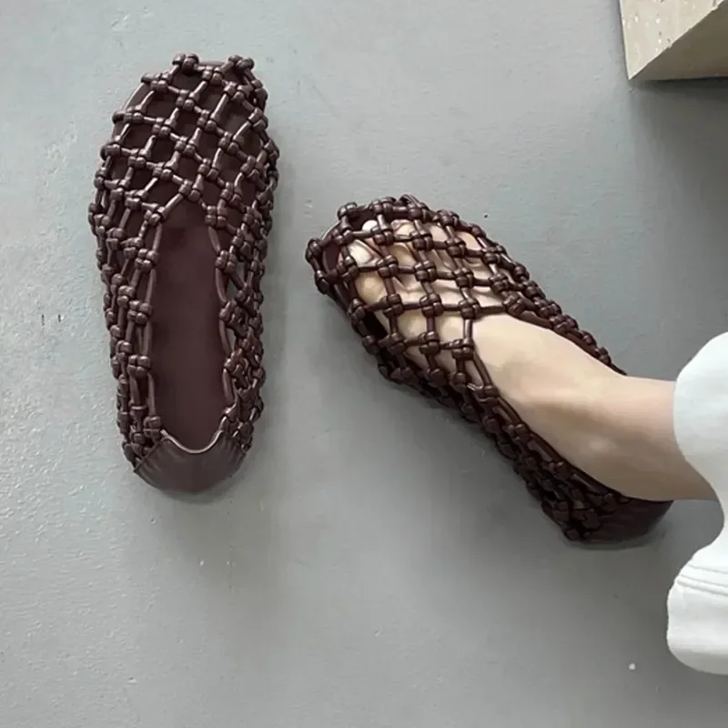 Aneikeh 2026 Fashion Summer Weaving Hollow Out Flat Heels Women Shoes Elegant Comfortable Casual Dress Mules Sandals