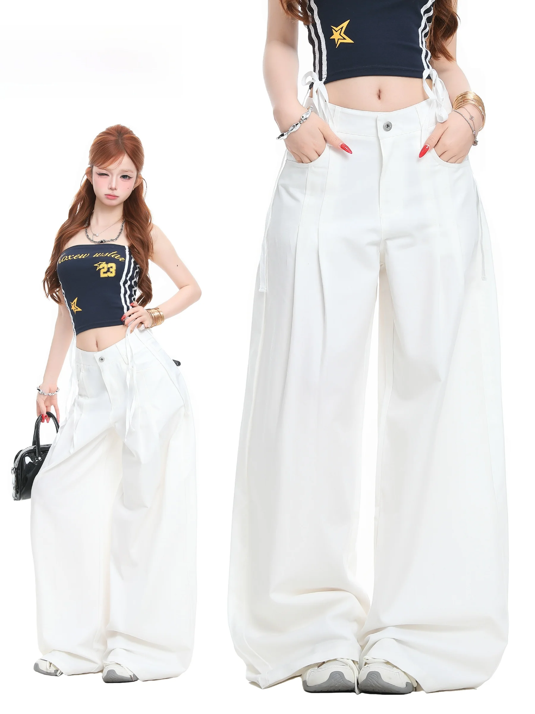 

Женские белые брюки BASTERDS с высокой талией, плиссированные, свободного прямого кроя, широкие штанины, повседневные, весенние, длинные