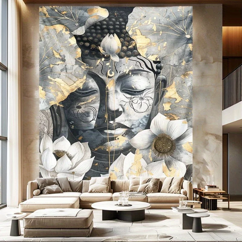 VIKAMA Gilded Zen Dual Buddha Tapestry Ink Lotus Backdrop Tea Room Prayer Room New Chinese Style Living Room Decor