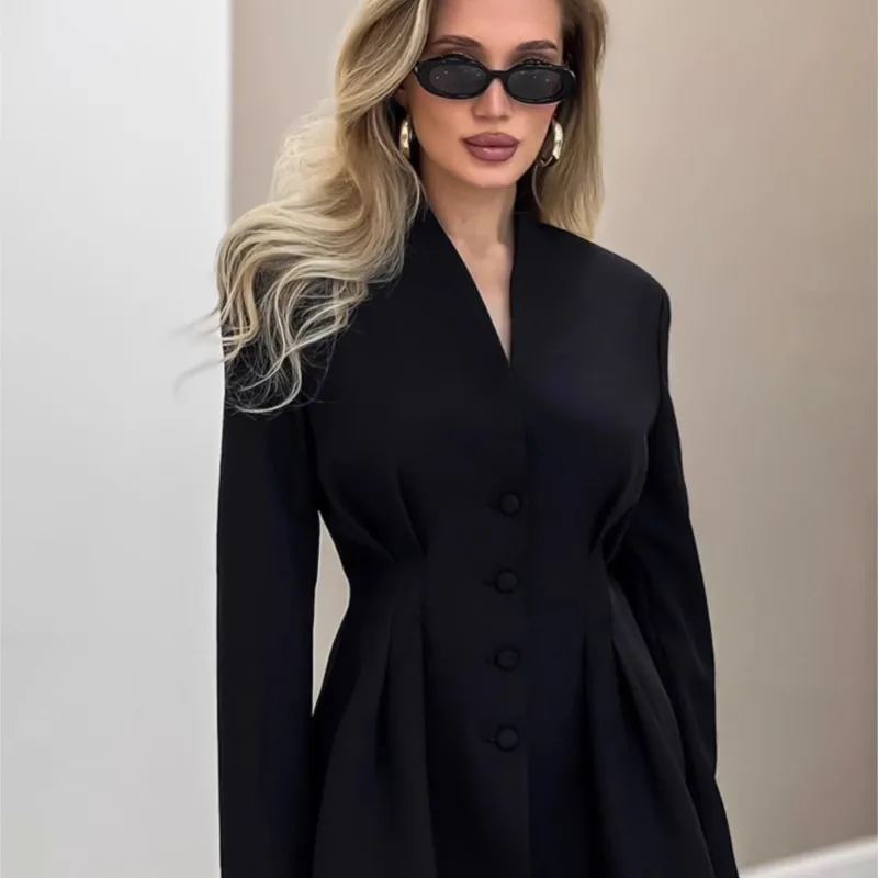 Autumn Elegant Slim Fit Waist Cinching Black Mini Suit For Commuting Sexy V-neck Button Long Sleeves Suit Jacket Vestes Femmes