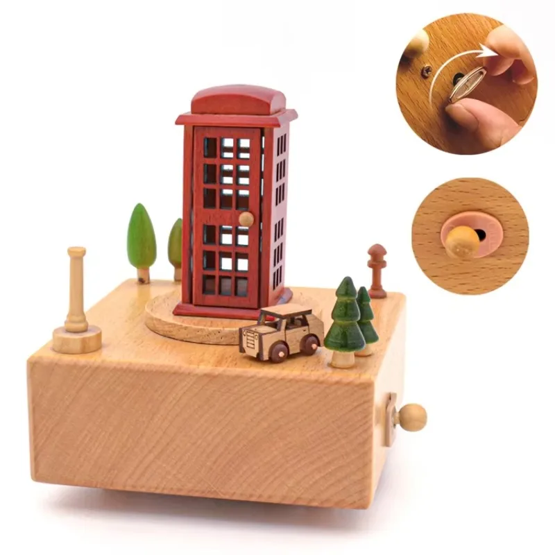 Phone booth wooden music box with mobile round cart