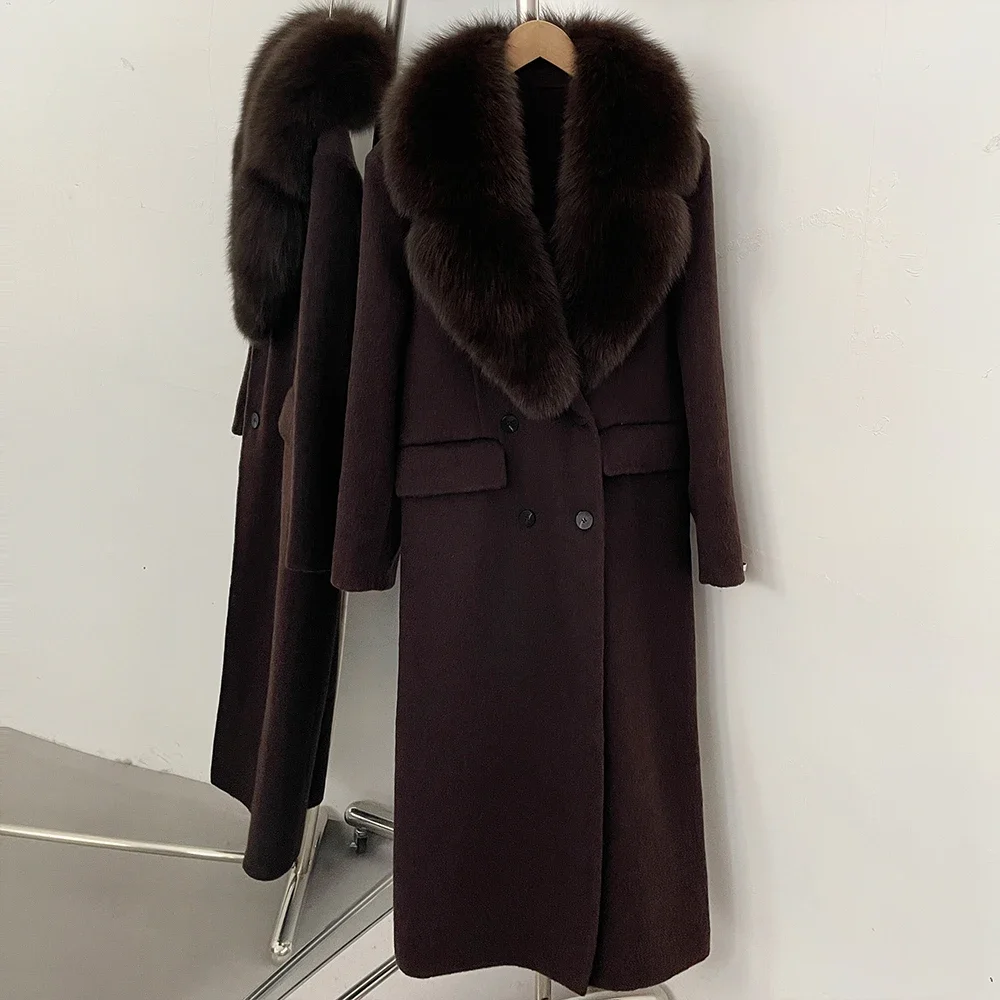 OFTBUY Luxuriöser Doppelreihiger Langer Wollmantel für Damen mit Echtem Fuchspelzkragen, Winter-Wärmejacke, Schlanke Wollkleidung mit Echtpelz – Detail 27
