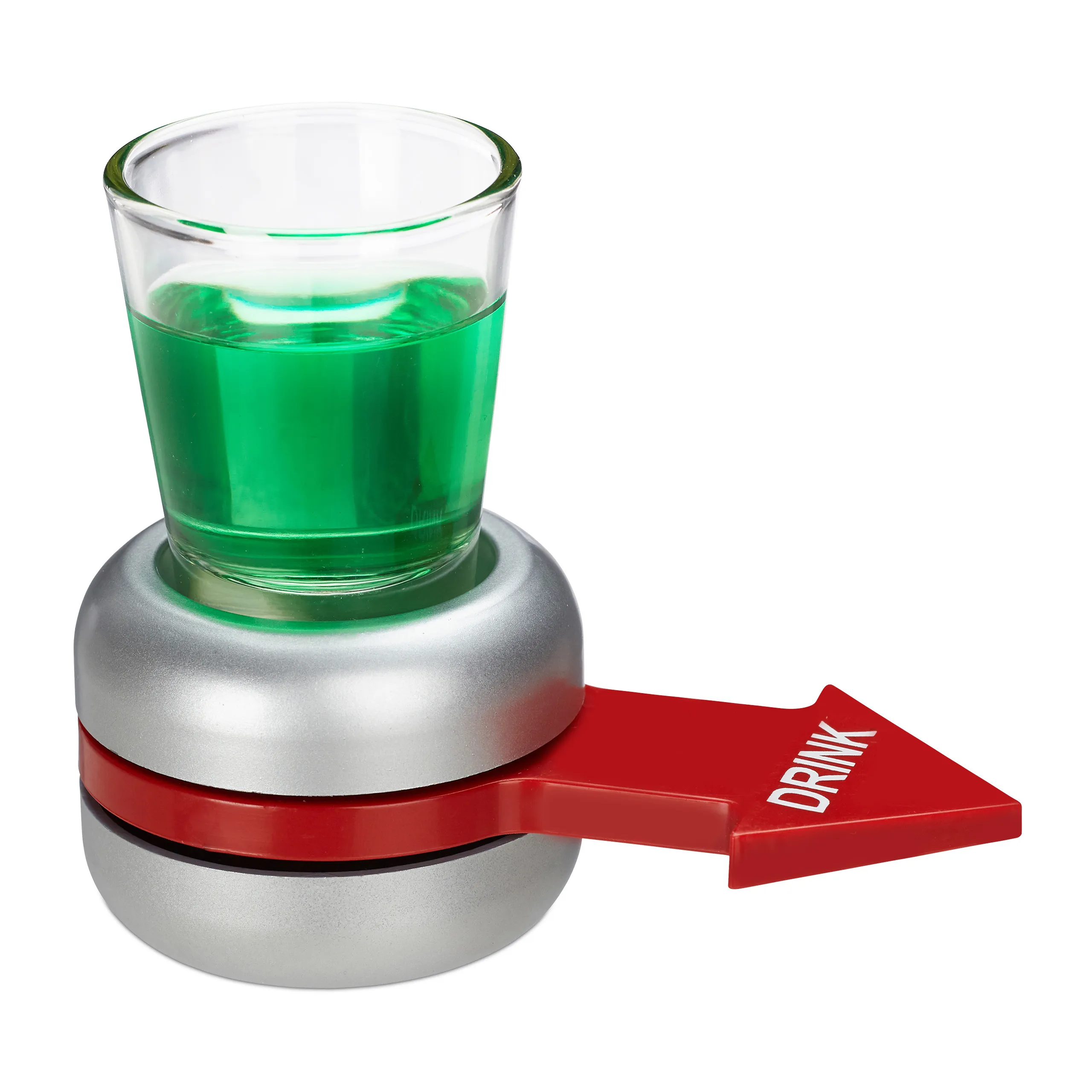 Gioco da bere, freccia rossa girevole, per feste, con bicchiere da 2 cl, Spin the Bottle, plastica e vetro, 10 x 11,5 x 6 cm, Relaxdays