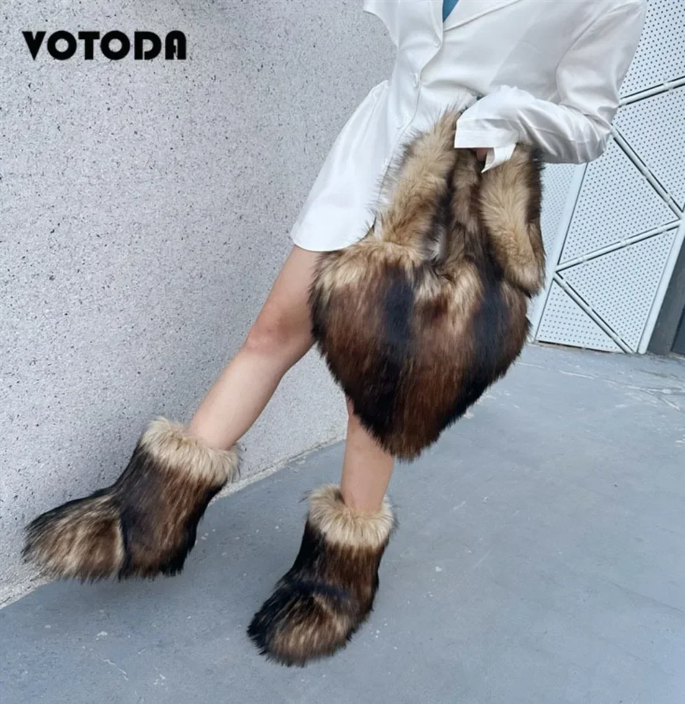 Winter Women Faux Fur Boots and Bag Set Furry Warm Snow Boots Cute Heart-shaped Fur Handbag Love Bag Girls Platform Plush Boots