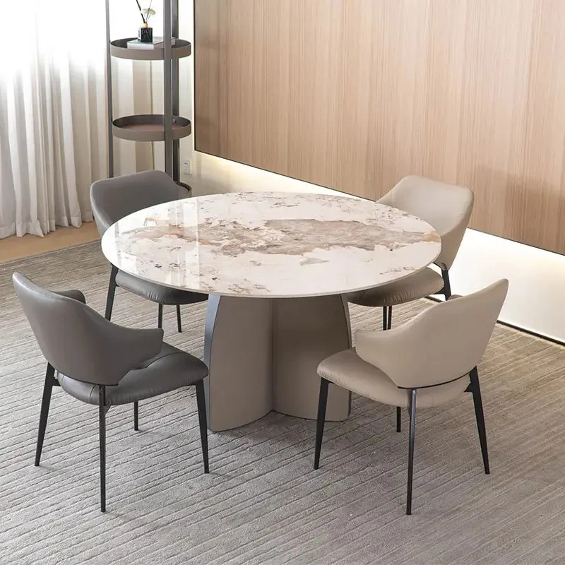 Modern Round Ceramic PU Coated Dining Table Set for 4 Persons with Chairs