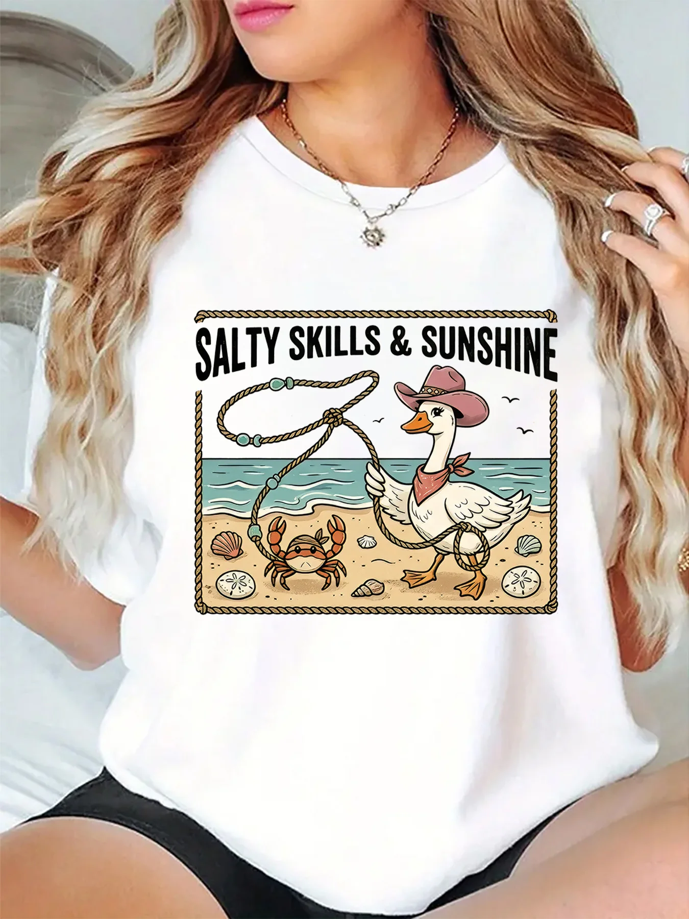 Salty Skills And Sunshine Cowboy Duck Crab Beach Graphic Womens T Shirt Short Sleeve Crew Neck Summer Casual Ladies Tee Tops
