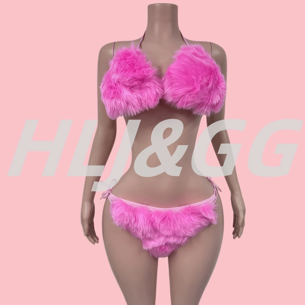 HLJ Sexy Fur Patchwork Two Piece Swimsuits Women Spaghetti Strap Bra Underwear Split Triangle Sexy Bikini Set Female Beachwear