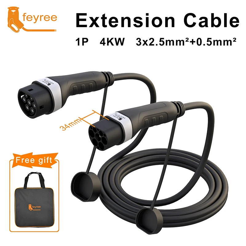 Feyree EV Charger 4kW/8kW/11kW/22kW Extension Cable 5m Type2 Female to Male Plug for Electric Vehicle Cord EVSE Charging Station