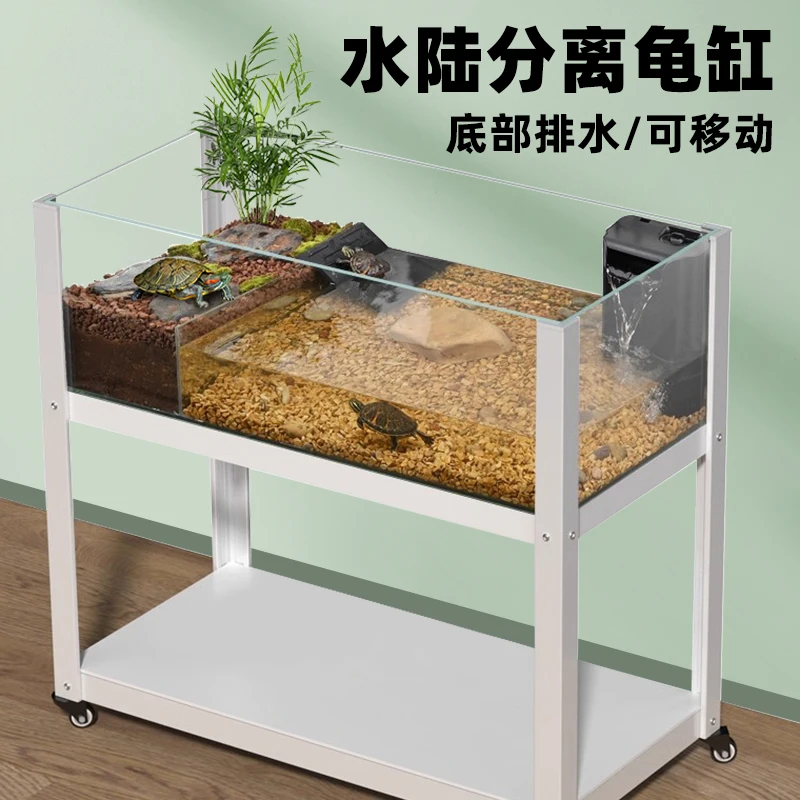 

Turtle glass tank amphibious feeding box with drainage large ecological landscaping turtle tank metal frame with wheels
