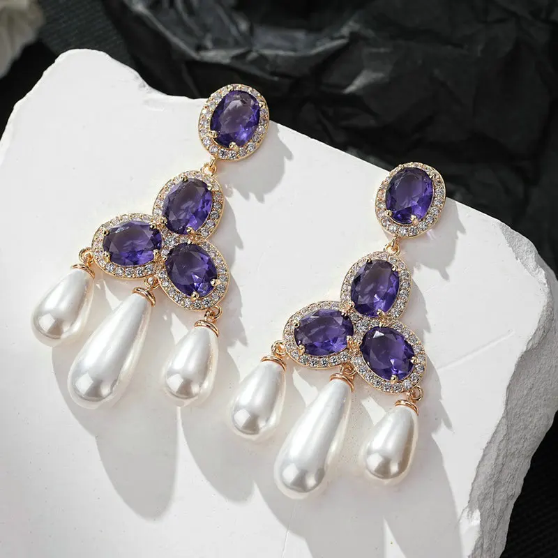 Bilincolor Fashion Purple Zircon and White Pearl Tassel Earring for Women