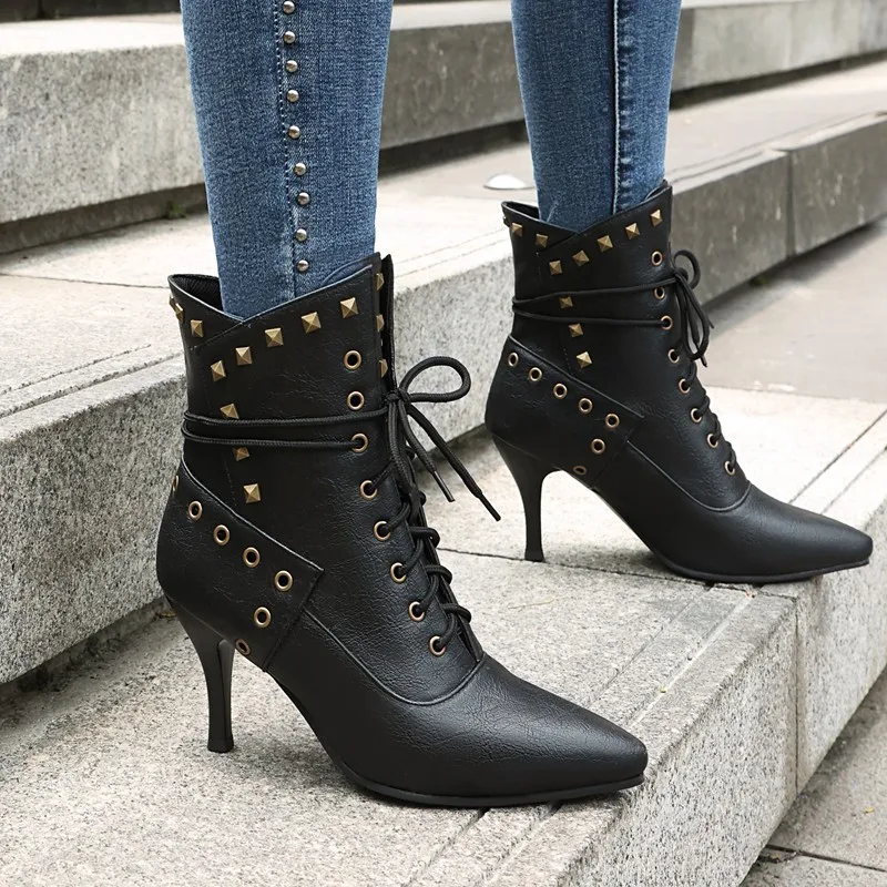 Foreign Trade Pointed Toe Thin High Heels with Retro Rivets Cross Straps Women's Short Boots Punk Lace Up Street Ankle Boots 41