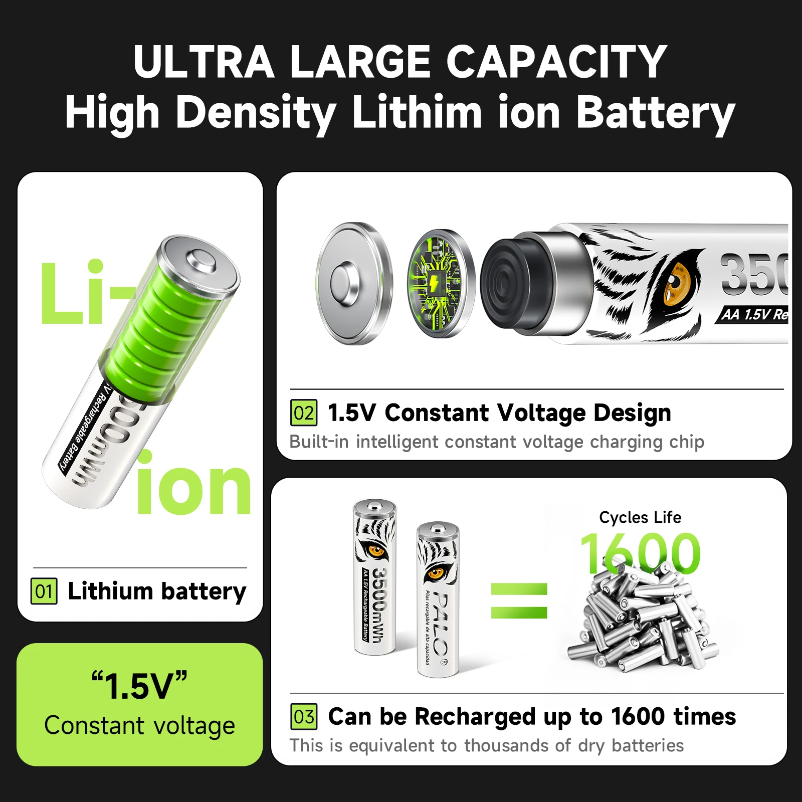 PALO AA batería de iones de litio recargable con caja de cargador de batería AA de 1,5 V baterías de litio de 3500mWh para Gamepad juguetes control remoto