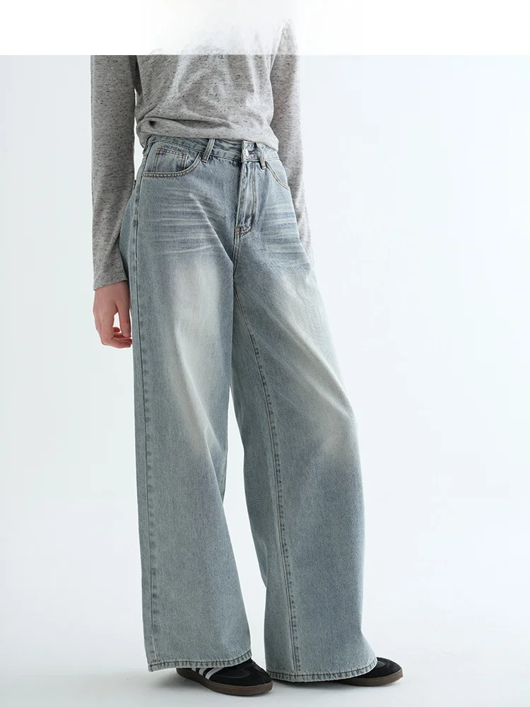 

Retro JiuJiu Women's Loose Fit High Waist Wide Leg Jeans White Waed Casual Cotton Straight Leg Trousers for Spring