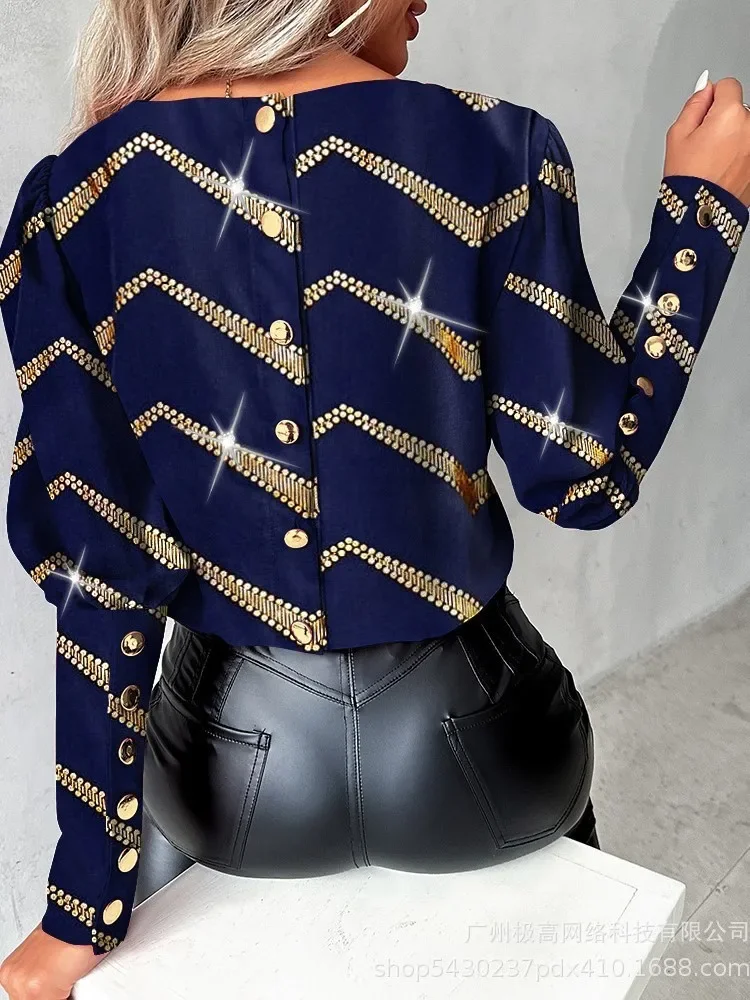 ผู้หญิงเสื้อแฟชั่นพิมพ์ลายแขนยาว O คอสุภาพสตรีเสื้อปุ่มเสื้อหลวมฤดูใบไม้ผลิฤดูใบไม้ร่วงสีแดงเสื้อลําลอง