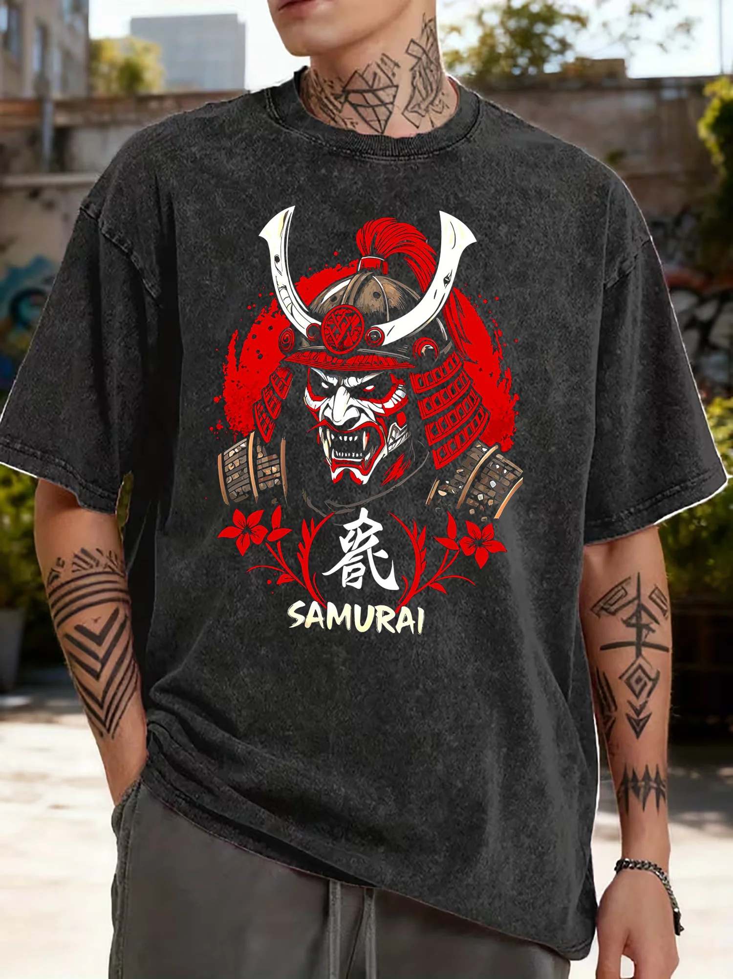 Vintage Washed Cotton T-shirt Japanese Kanji Samurai Oni T Shirt Fashion Streetwear T-Shirts HipHop Tees tshirt Casual Clothing