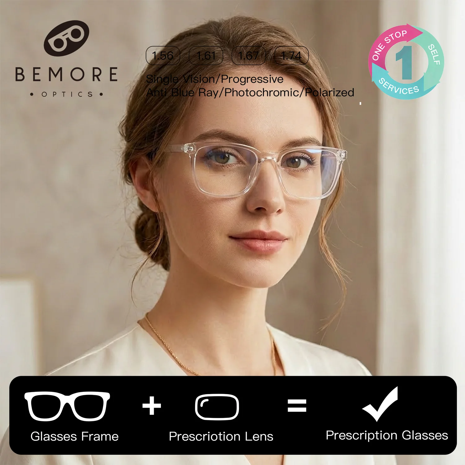 

BEMORE Fashion Square Prescription Glasses for Men TR Anti Blue Light/Photochromic Progressive Multifocal Optical Eyeglasses
